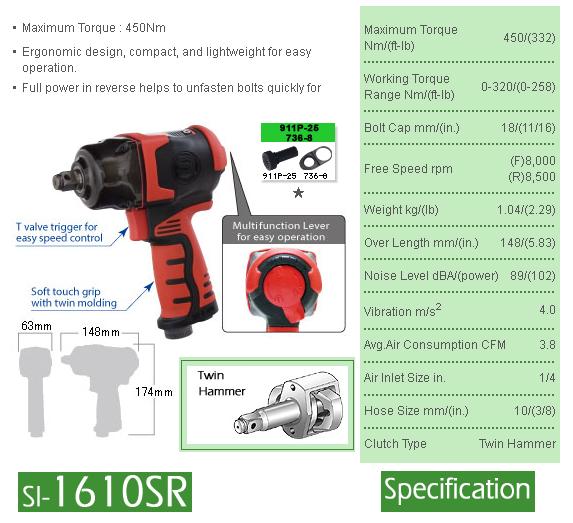 Súng vặn ốc SI-1610SR, súng bắn ốc 1/2 inch, súng bắn bu lông Shinano, súng vặn bu lông dùng khí nén