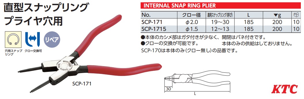 Kìm phanh, kìm phanh trong, KTC SCP-171, SCP-1715, mũi 1.5mm, mũi 2mm