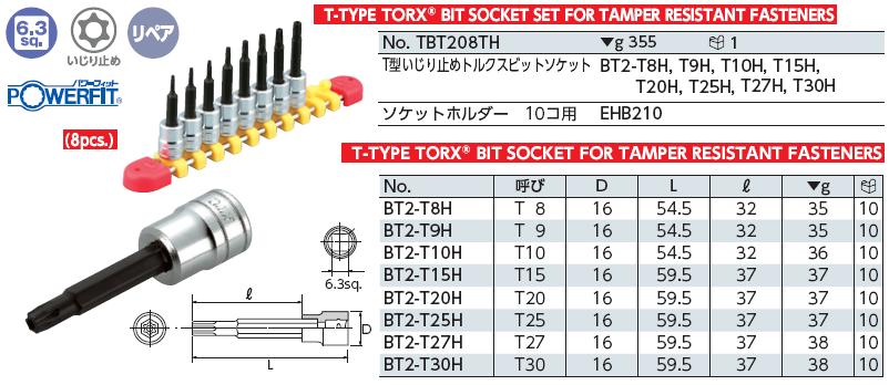 Bộ sao KTC đầu khẩu 1/4 inch, KTC TBT208TH, bộ sao gồm 8 cỡ từ T8H đến T30, bộ hình sao KTC Nhật,