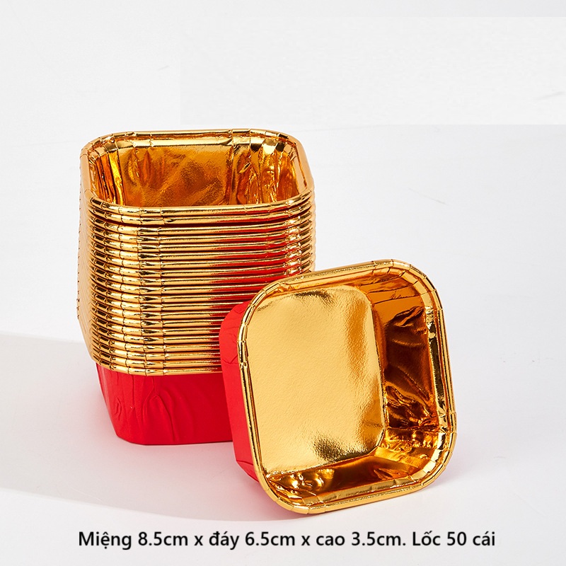 Cup giấy / chén giấy muffin vuông màu đỏ vàng ánh kim 50 cái.