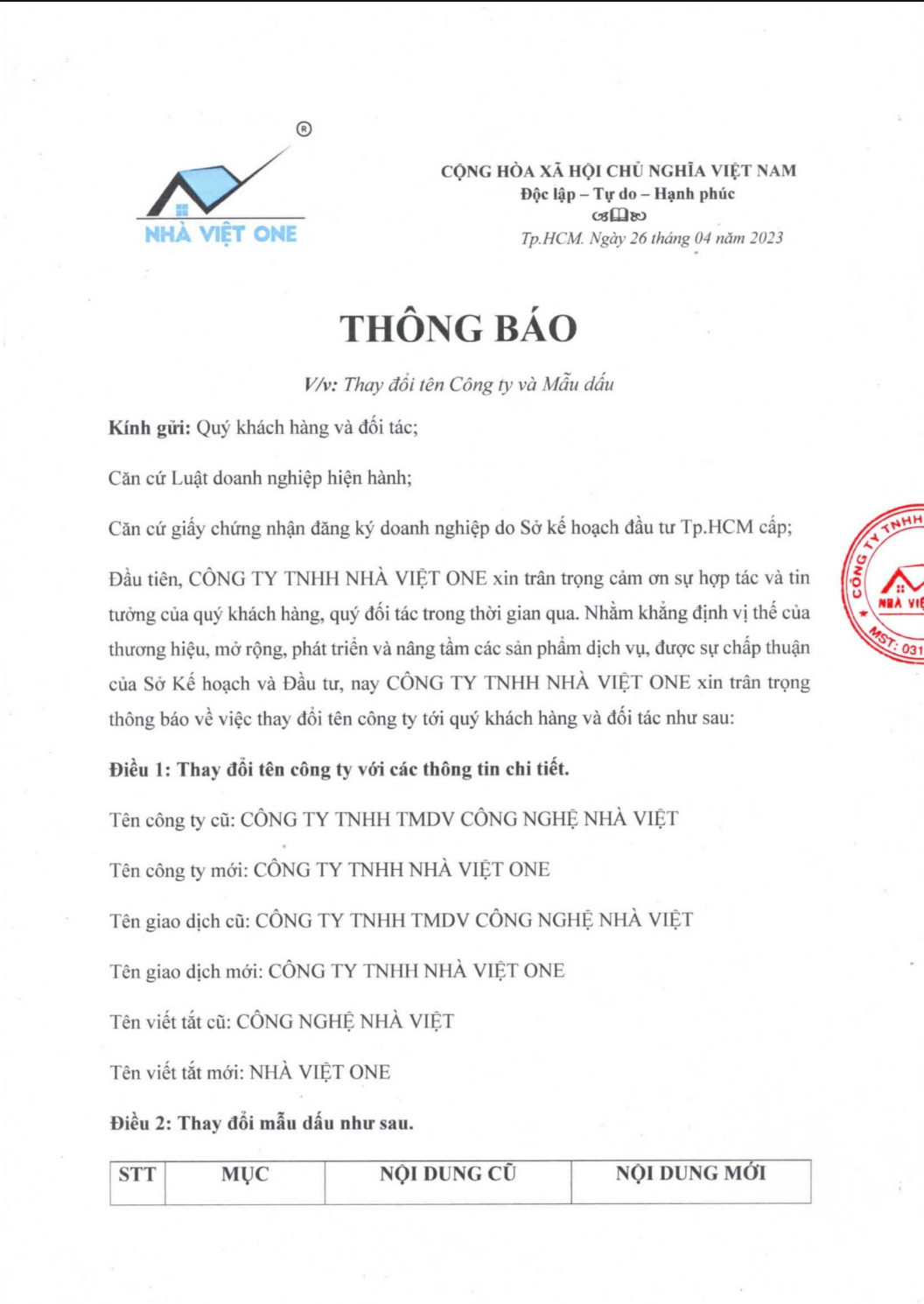 THÔNG BAO NHA VUIET ONE