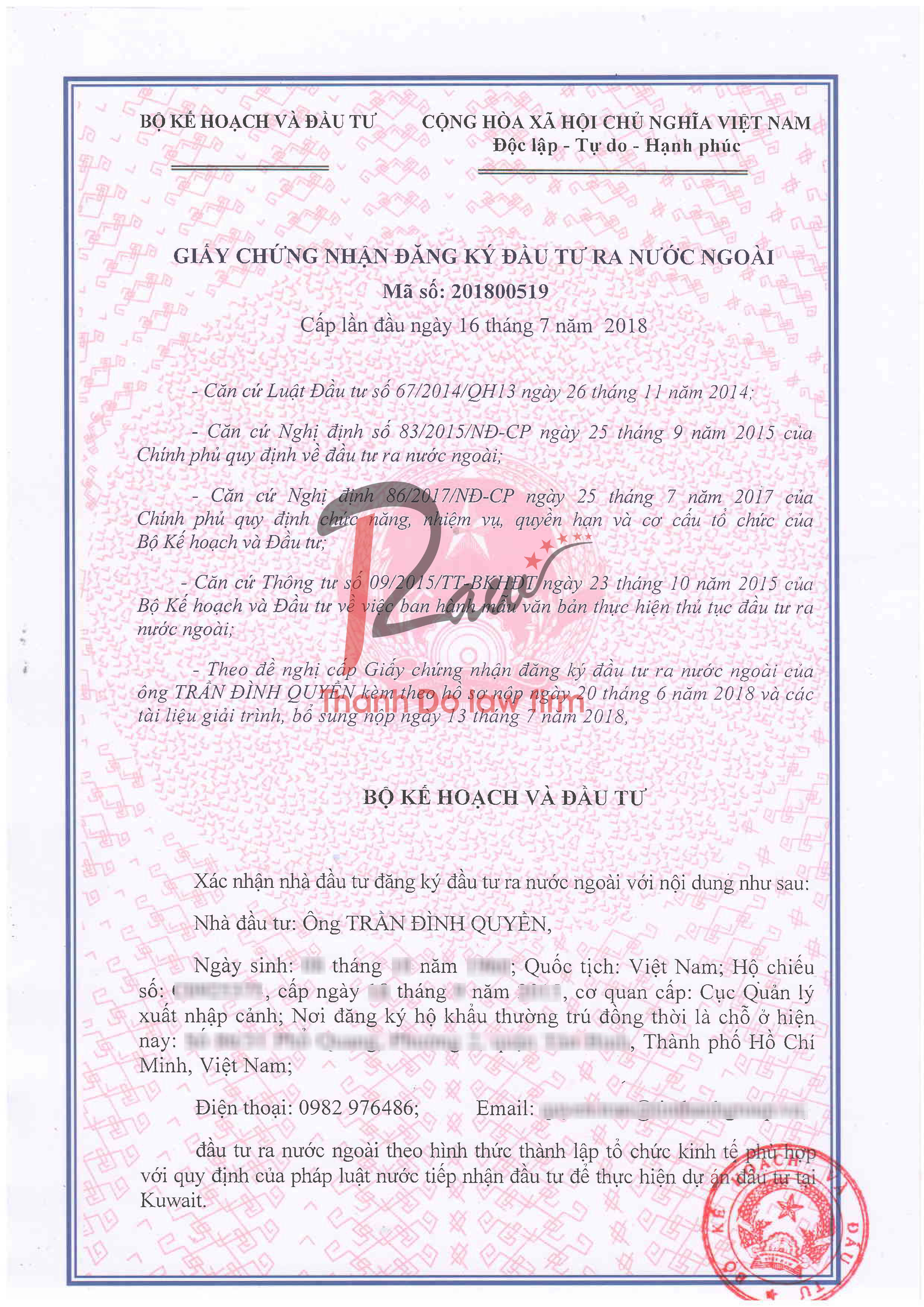 Thủ tục xin giấy phép đầu tư ra nước ngoài