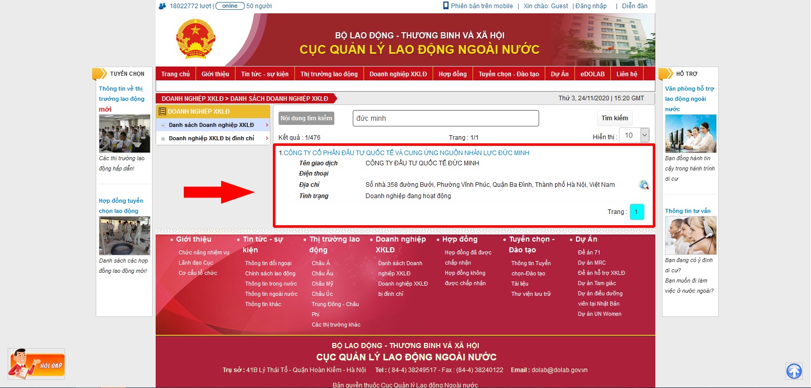 Kết quả tra cứu công ty xuất khẩu lao động