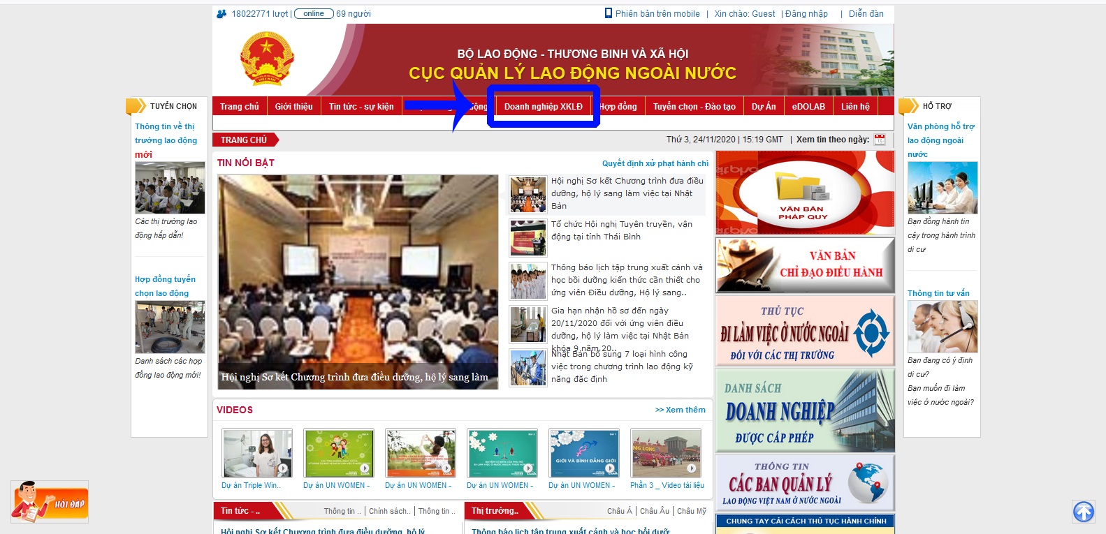 Bấm vào Doanh nghiệp XKLĐ để thực hiện tra cứu