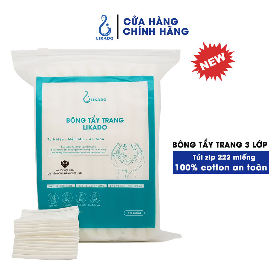 Bông tẩy trang 222 miếng Likado 3 lớp 2 mặt chất liệu Cotton túi 222 miếng