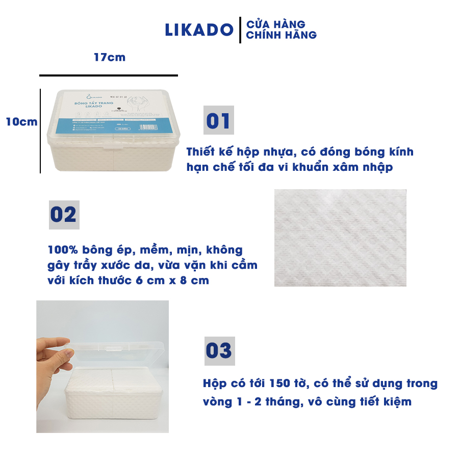 Bông tẩy trang Likado dạng hộp 150 miếng bông tự nhiên (6cm x 8cm)