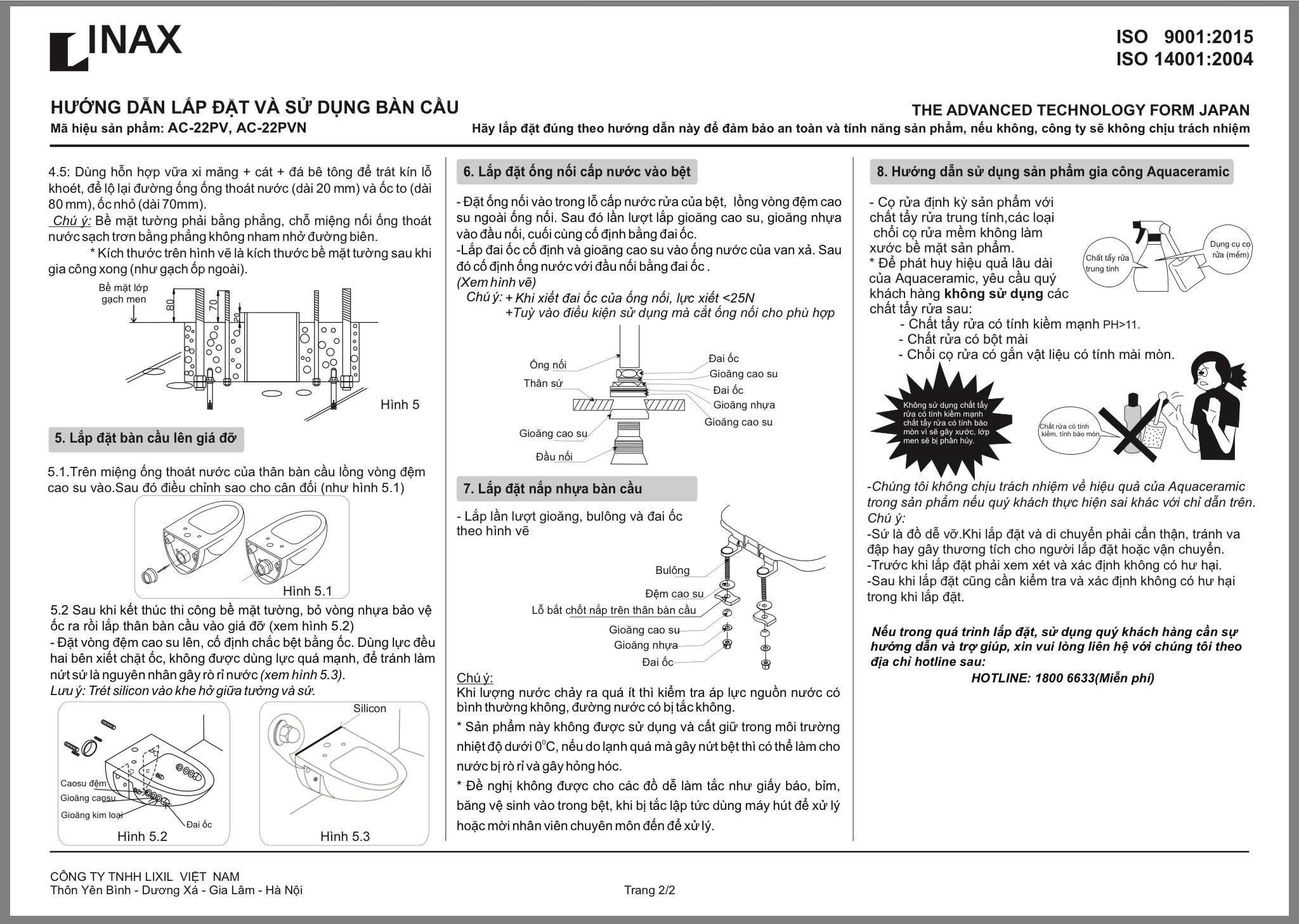 hướng dẫn lắp đặt Bồn cầu két âm tường Inax AC-22PVN ( thoát ngang)