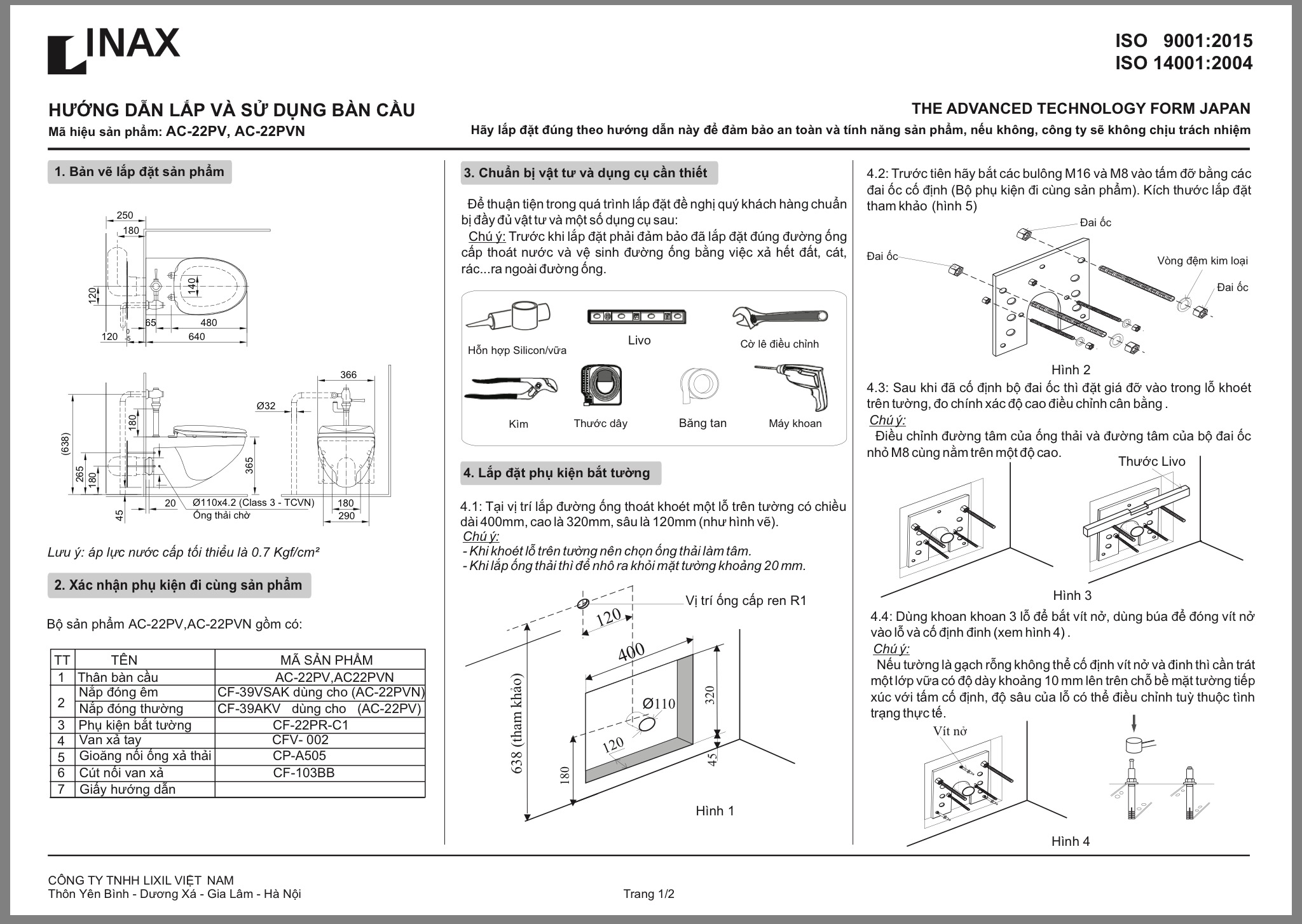 hướng dẫn lắp đặt Bồn cầu két âm tường Inax AC-22PVN ( thoát ngang)