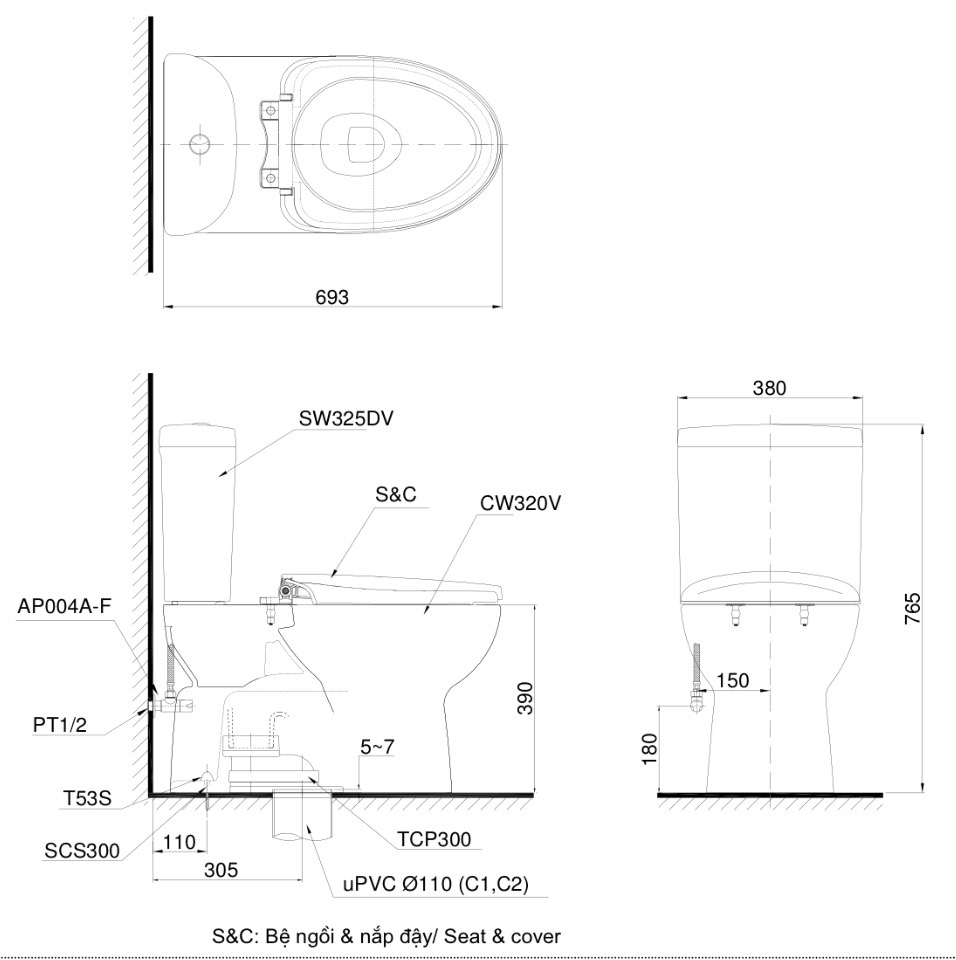 bản vẽ kỹ thuật Bồn cầu ToTo hai khối CS325DRE2