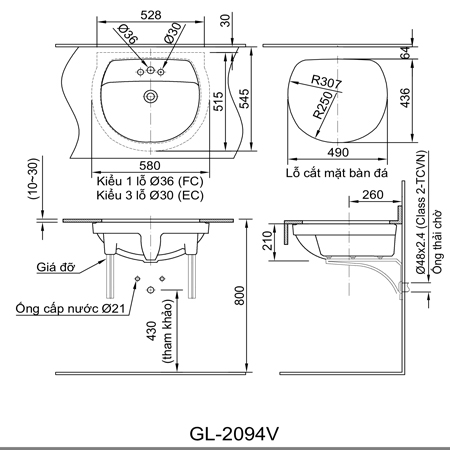 Bản vẽ kĩ thuật Chậu rửa âm bàn Inax AL-2094V