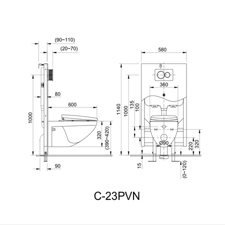 bản vẽ kỹ thuật Bồn cầu treo tường inax AC-23PVN