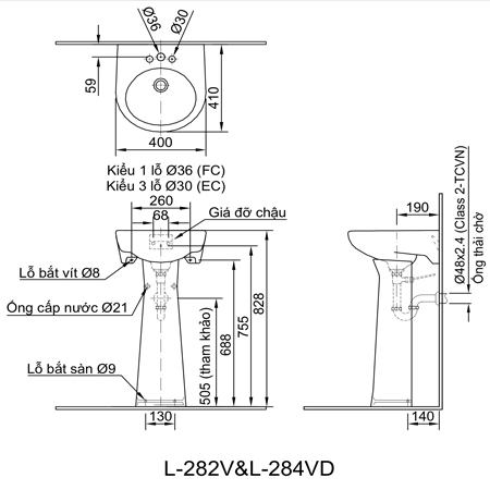 Bản vẽ thiết kế chậu rửa chân dài Inax L-282V+L-284VD