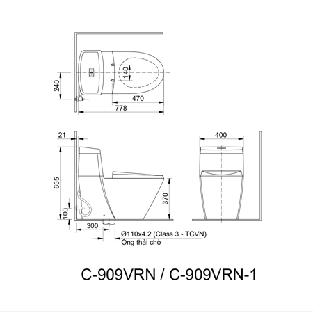 Bản vẽ kỹ thuật bồn cầu một khối inax AC-909VRN-1