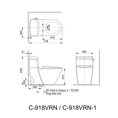Bản vẽ kỹ thuật bồn cầu một khối inax AC-918VRN-1