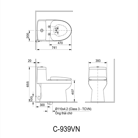 Bản vẽ kĩ thuật Bồn cầu một khối inax AC-939VN