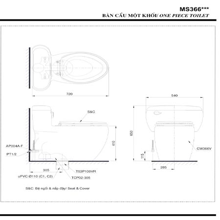 Bàn cầu TOTO 1 khối MS366E4