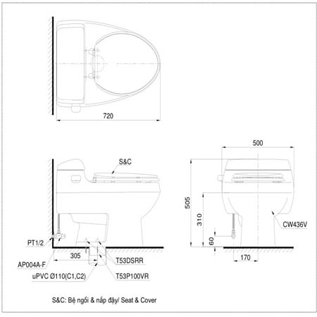 Bàn cầu TOTO 1 khối MS436T2