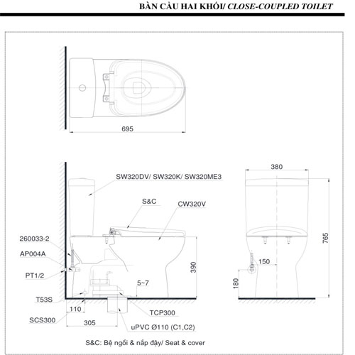 bản vẽ kỹ thuật Bàn cầu 2 khối TOTO CS320DRT3