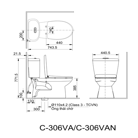 Bản vẽ kỹ thuật bồn cầu hai khối inax C-306VAN