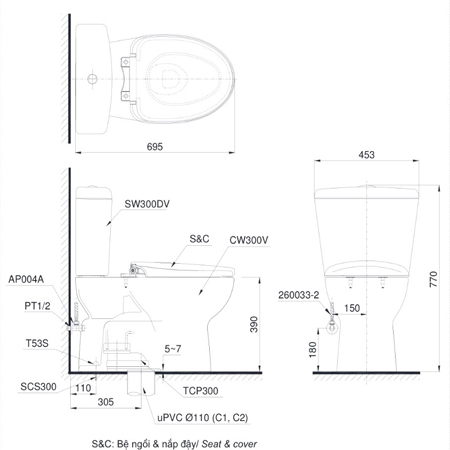 Bàn cầu ToTo 2 khối CS300DT3Y1