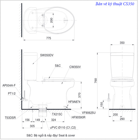 Bàn cầu TOTO 2 khối CS350DE2