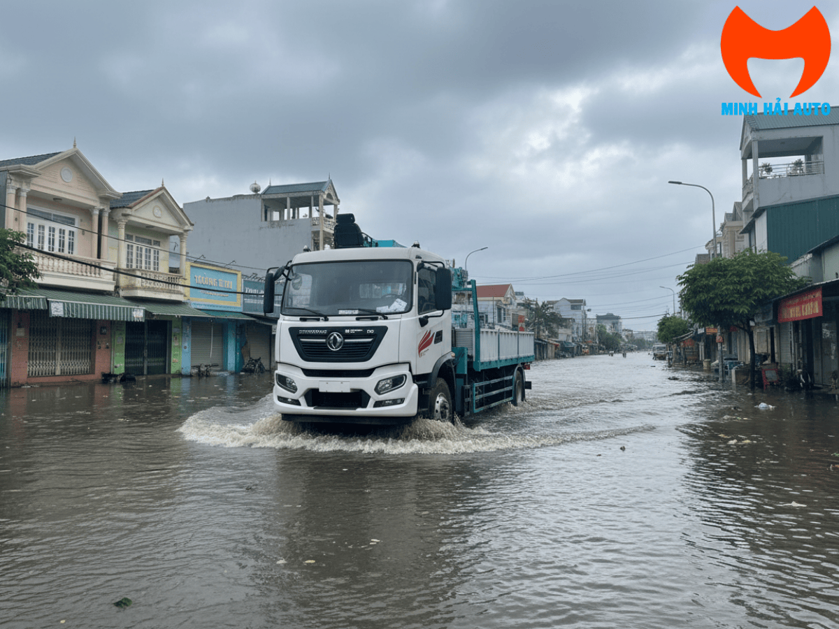 Cận cảnh cần cẩu Hyundai Everdigm HLC-7016 sức nâng 6 tấn, 6 đoạn, đang vươn cần trên xe tải Dongfeng B180.