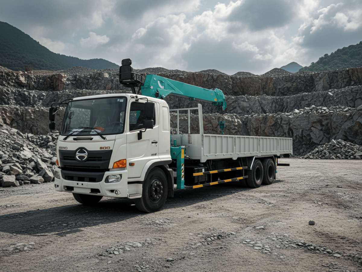 Cận cảnh cần cẩu thủy lực 8 tấn Hyundai Everdigm HLC-8016 được lắp đặt trên thùng xe tải Hino FL, các đoạn cần đang được thu gọn.