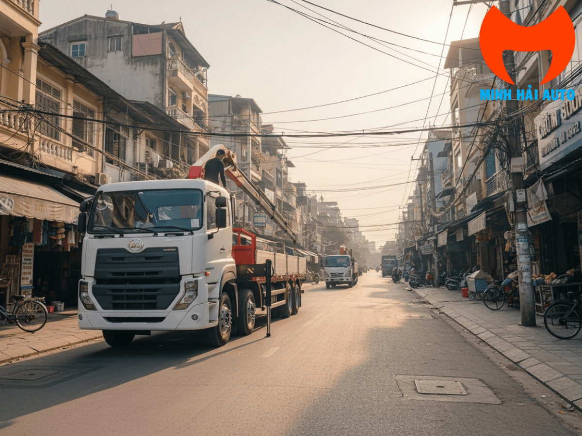 Cận cảnh cẩu gấp khúc Palfinger PK11002 (cẩu đập chuột) đang vươn cần nâng hàng tại công trình.