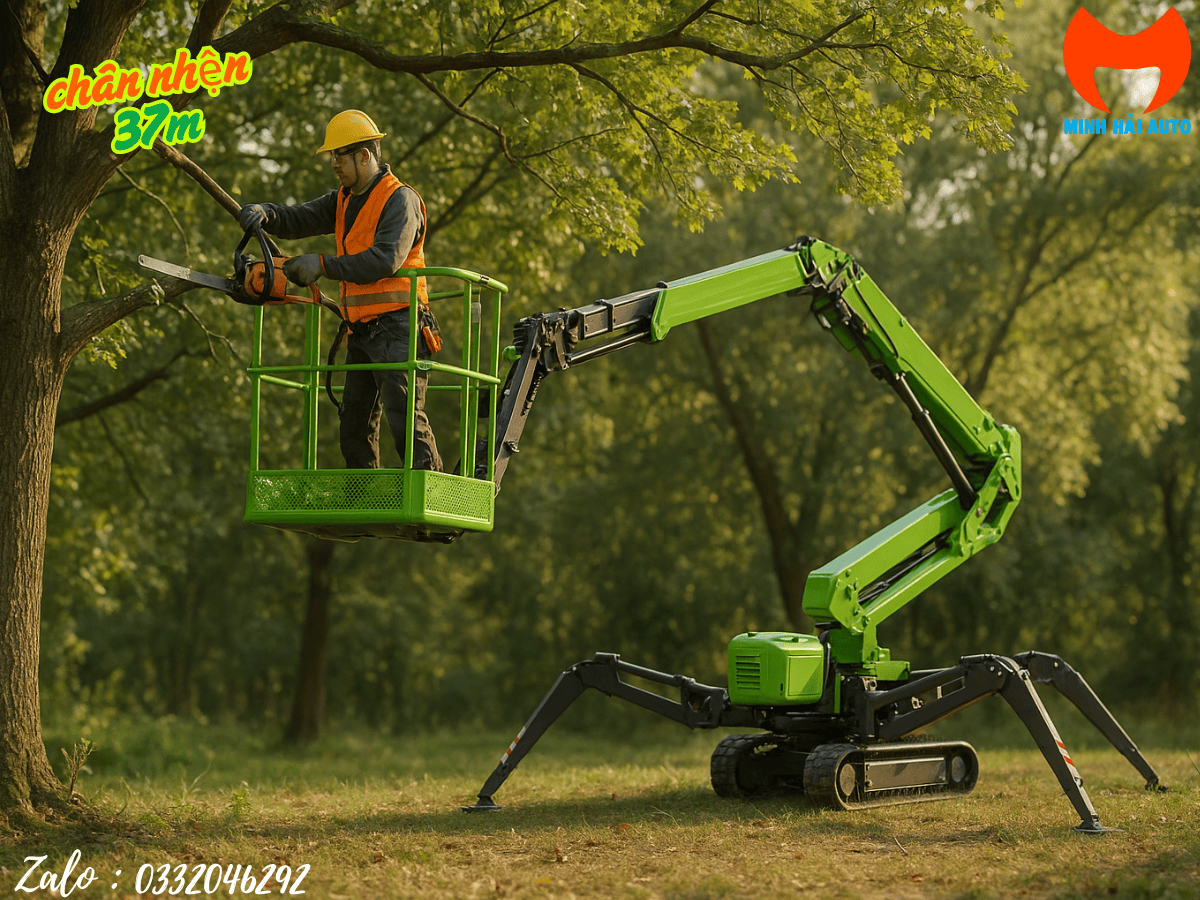 Cận cảnh giỏ thao tác và cần phụ của xe nâng người chân nhện ZX37T.