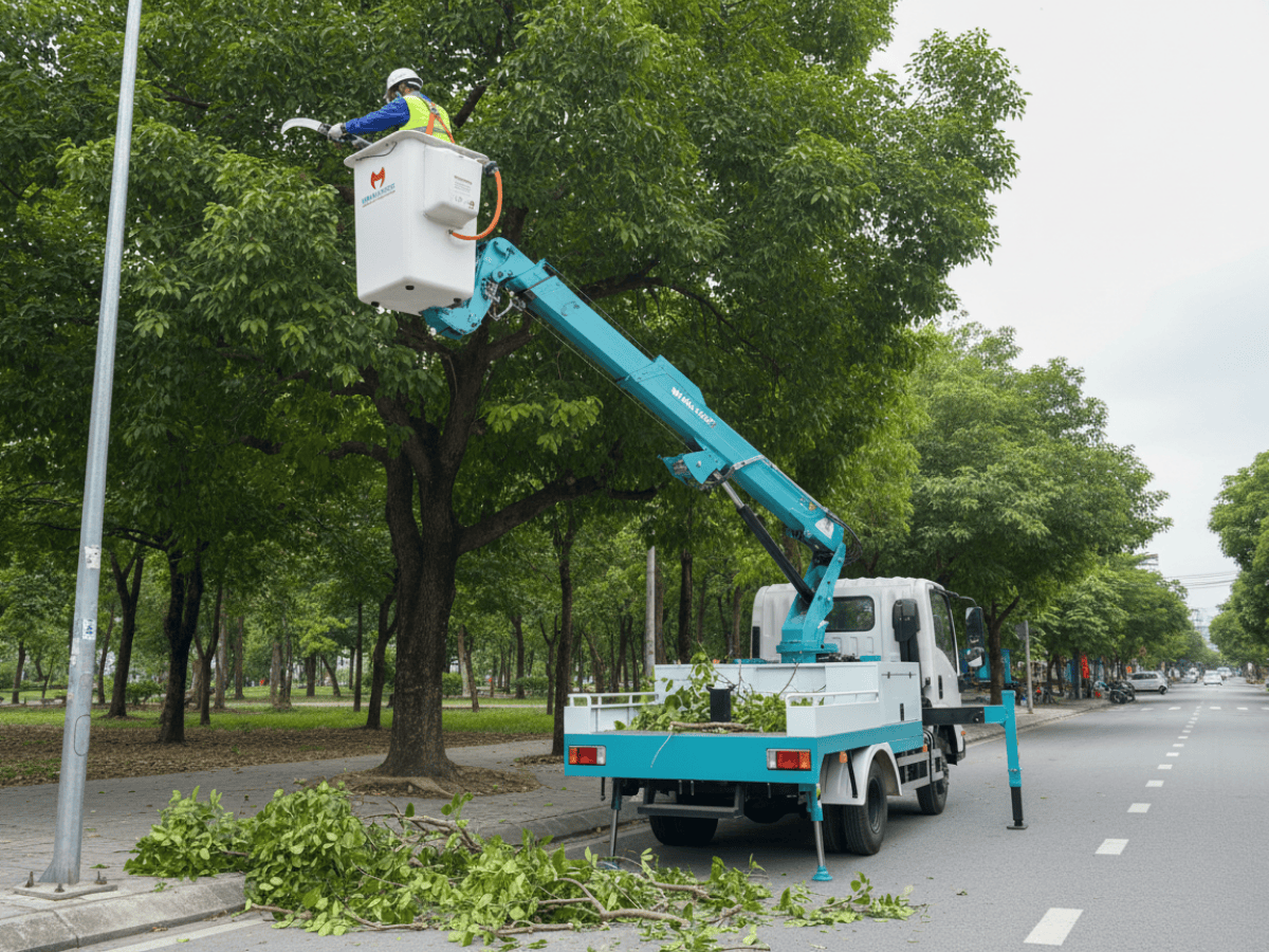 Công nhân đứng trong rổ nâng người bằng sợi thủy tinh cách điện để thực hiện sửa chữa lưới điện một cách an toàn.
