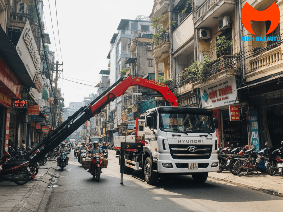 e tải Hyundai HD320 4 chân (Euro 5) làm nền cho cẩu Palfinger, trang bị thùng hàng dài 8.4m, tải trọng 13.8 tấn.