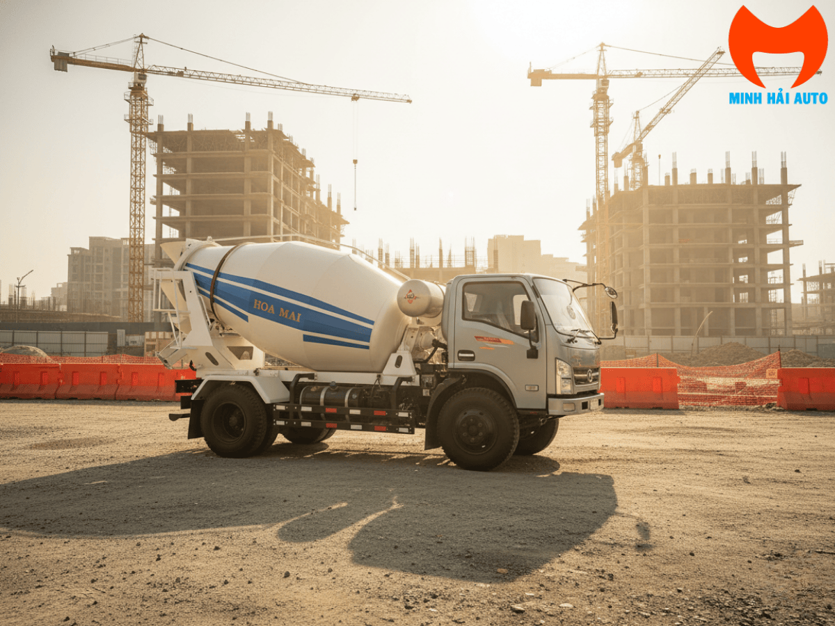 Hình ảnh bảng thông số kỹ thuật xe trộn bê tông Hoa Mai model 2025, loại 4x2, liệt kê các chi tiết về trọng lượng, kích thước, động cơ, lốp xe và dung tích bồn trộn.