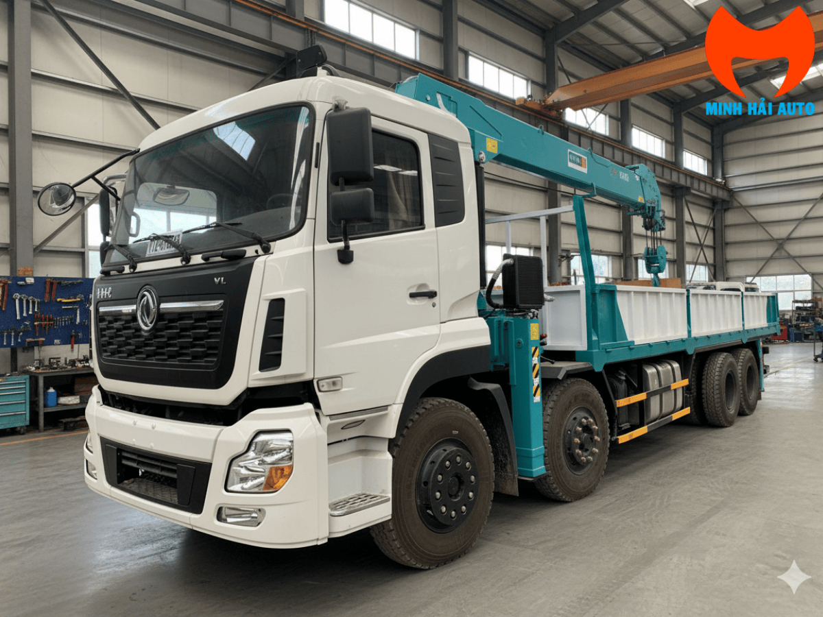 Hình ảnh chi tiết xe cẩu tự hành 12 tấn Dongfeng 5 chân màu trắng, được gắn cẩu Hyundai HLC-12015 màu đỏ nổi bật.