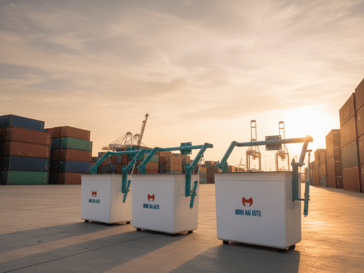 Hình ảnh một chiếc xe tải Hino màu trắng có gắn cẩu tự hành màu xanh đang vươn ra, với một giỏ nâng người composite được gắn ở đầu cần cẩu.