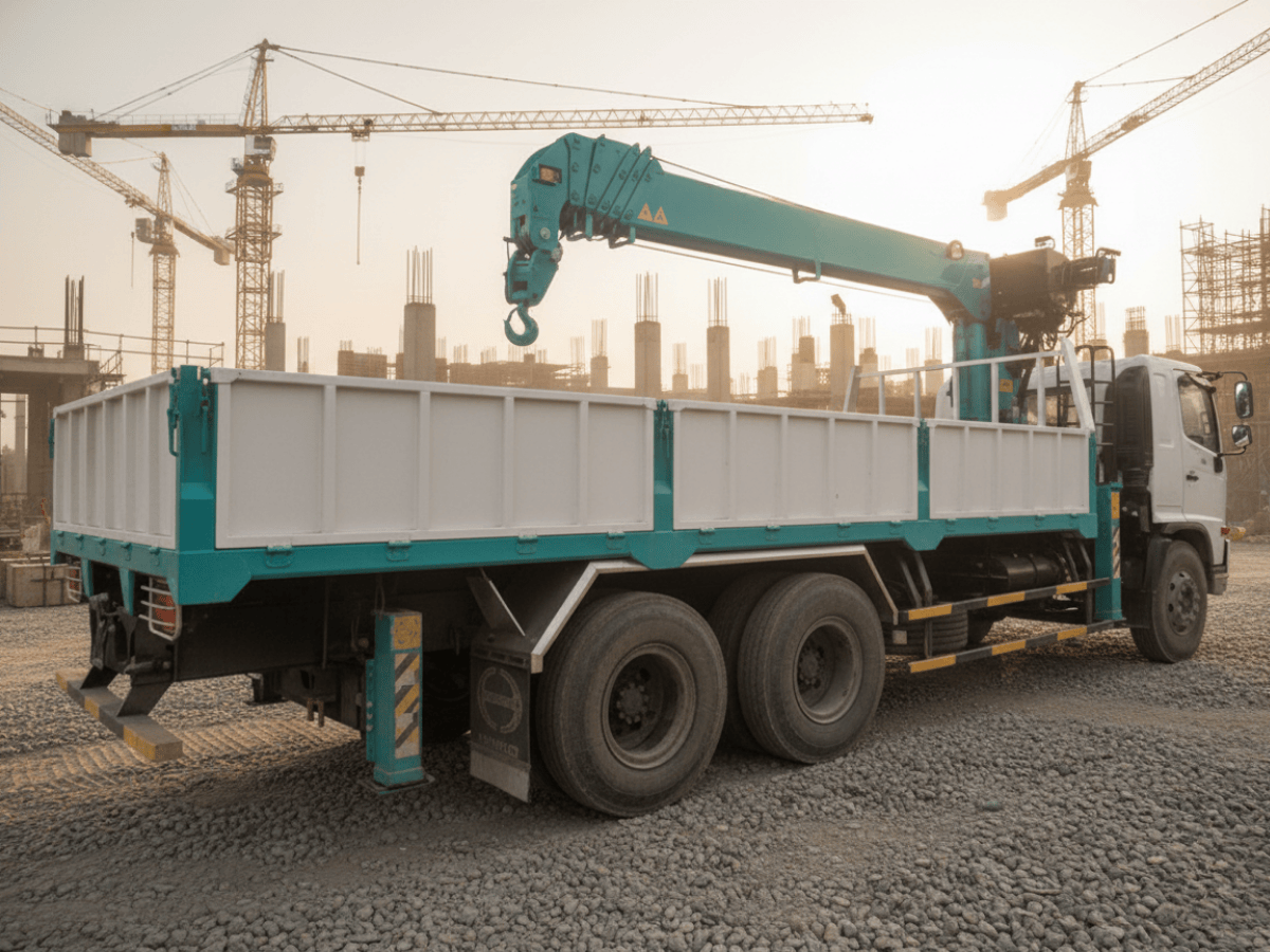 Hình ảnh xe cẩu tự hành 8 tấn Hino 500 FL màu trắng, đang gắn cần cẩu Hyundai Everdigm HLC-8016 màu xanh và trắng, đậu tại một bãi xe.