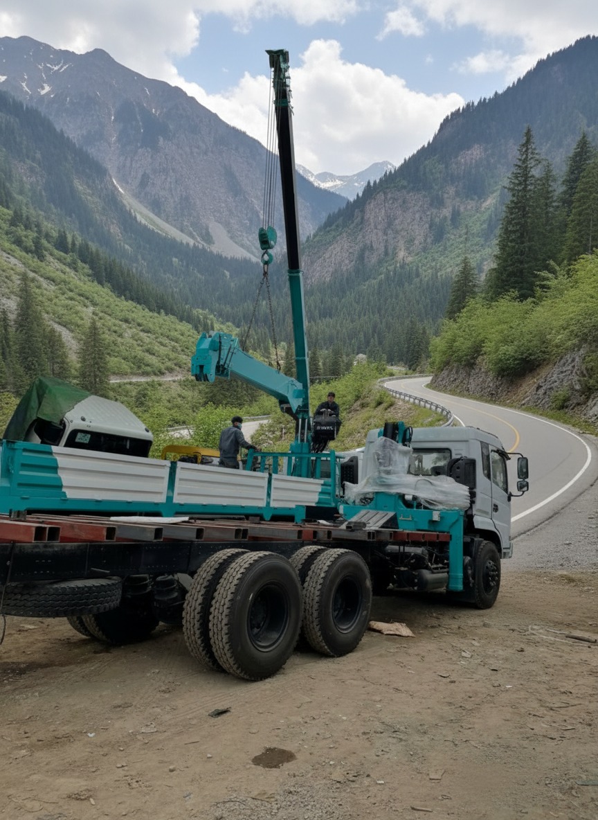 Hình ảnh xe tải 3 chân gắn cẩu Hyundai 8 tấn HLC-8016, chuyên dùng cho xây dựng và nâng hạ hàng hóa.