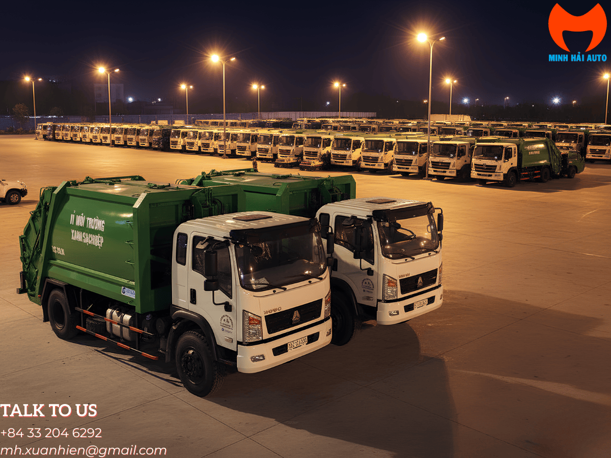 Một chiếc xe cuốn ép rác Howo 14 khối đang đậu trên bãi xe, thể hiện góc nhìn từ phía trước bên hông.