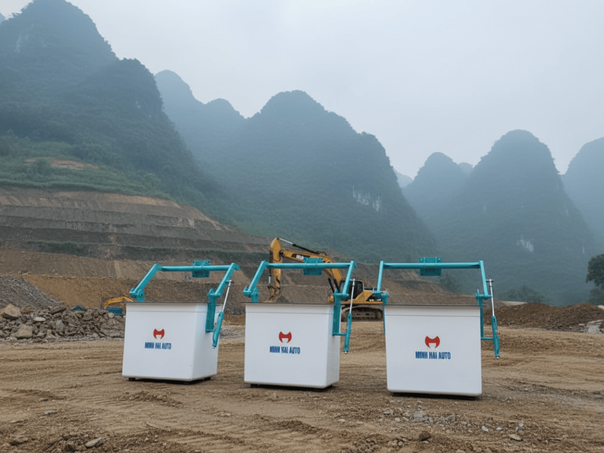 Rổ nâng người làm bằng vật liệu composite màu trắng, có khung an toàn màu đỏ, trang bị xi lanh cân bằng thủy lực để gắn trên xe cẩu.