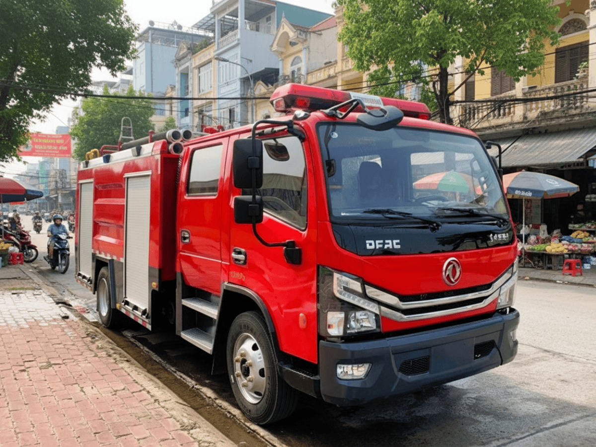 Súng phun nước PL824 trên nóc xe cứu hỏa Dongfeng 5 khối có khả năng xoay 360 độ và tầm phun xa trên 50 mét, sẵn sàng dập tắt đám cháy.