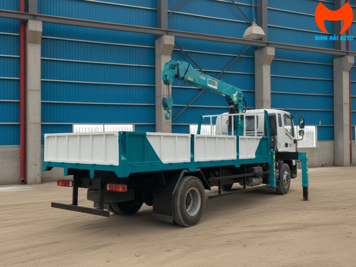 Thùng xe tải Thaco C160 dài 6.7 mét được gia công chắc chắn phía sau cabin và cần cẩu Hyundai 6 tấn