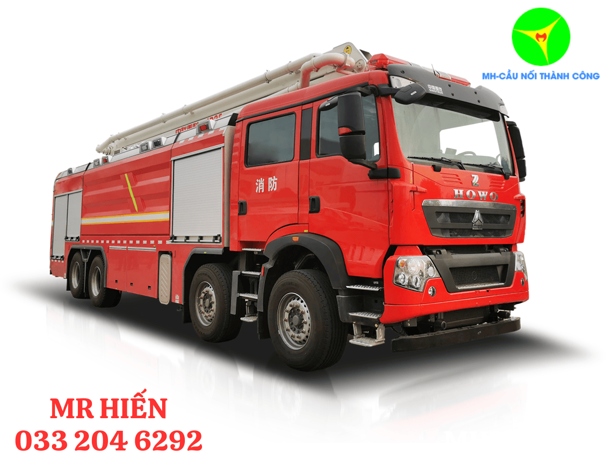 Xe cứu hỏa thang nâng đang hoạt động tại một tòa nhà cao tầng