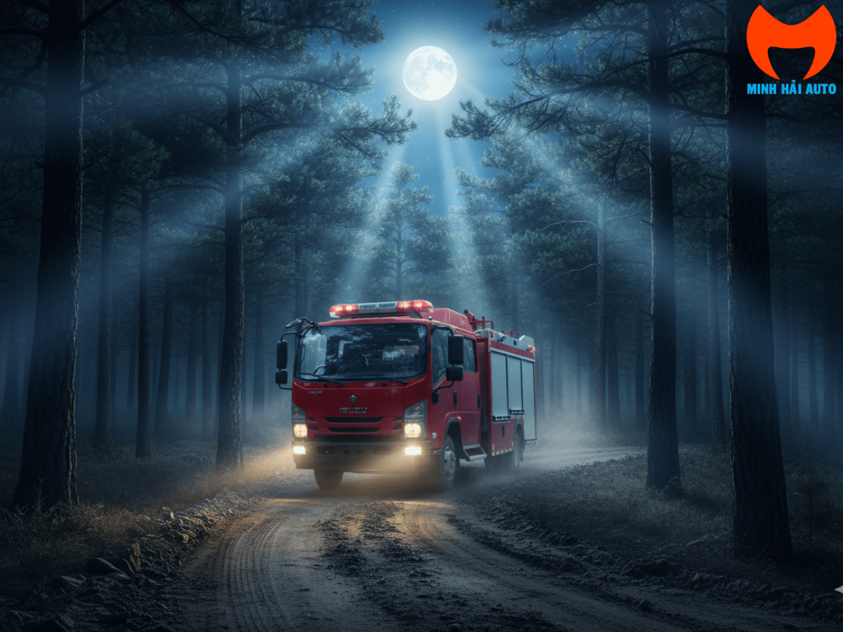 Toàn cảnh xe cứu hỏa 3.5 tấn Isuzu QL1110ANKAY màu đỏ, trang bị cabin kép và hệ thống chữa cháy nướcbọt chuyên dụng.