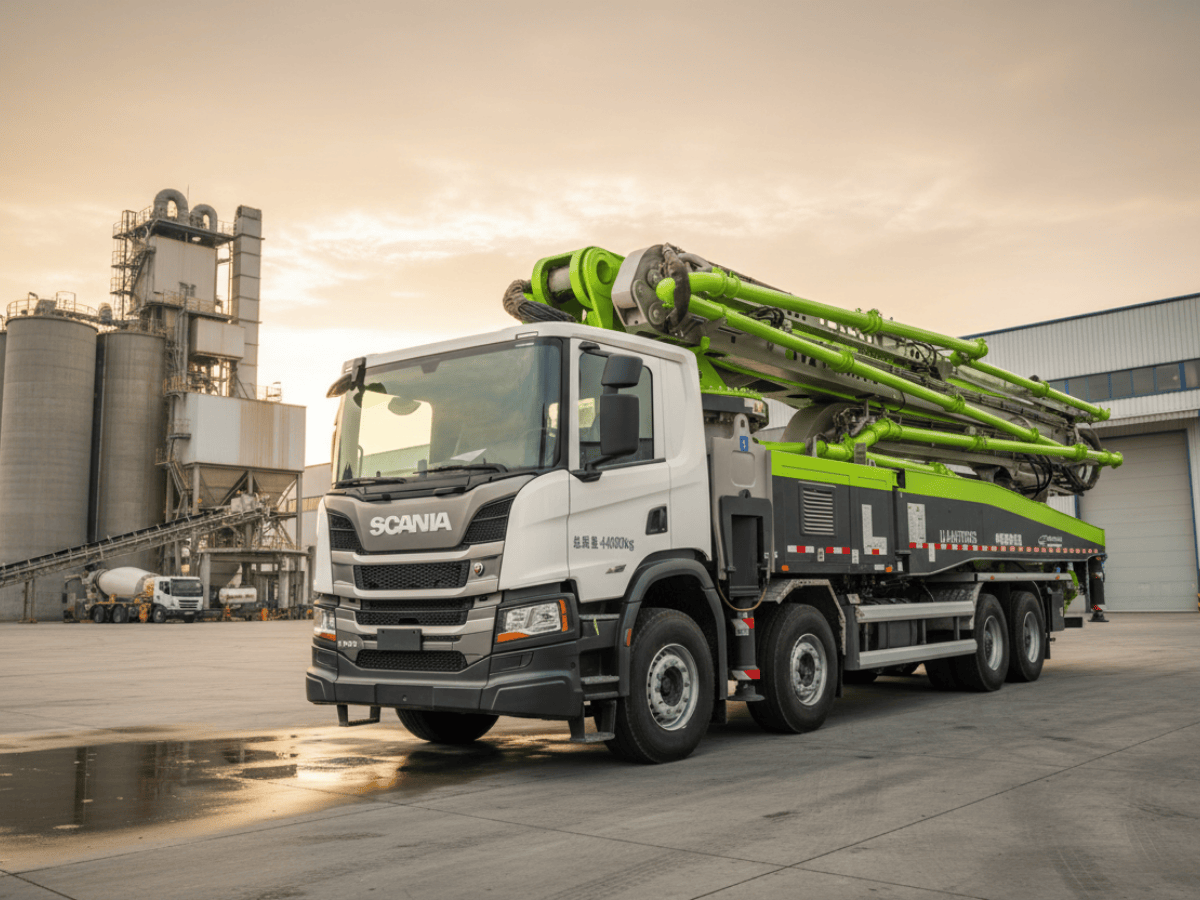 Xe bơm bê tông cần 42m đang vươn cần để đổ bê tông cho sàn tầng cao của một tòa nhà chung cư hiện đại.