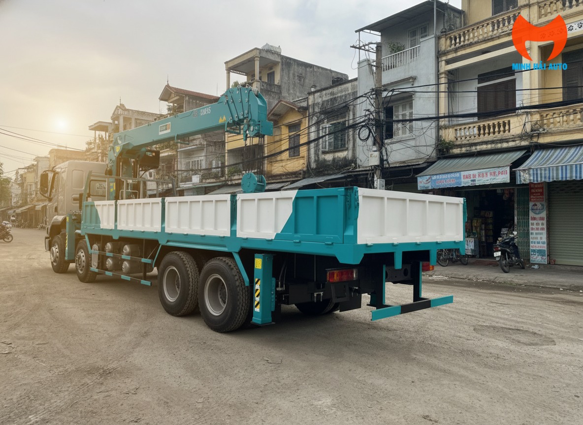 Xe cẩu 12 tấn Chenglong Hyundai đang làm việc tại công trường.