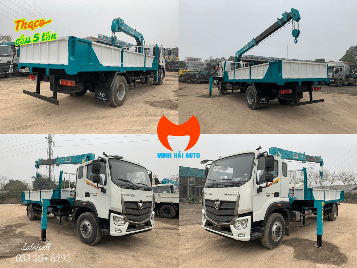 Xe cẩu tự hành 5 tấn Thaco đang làm việc hiệu quả tại công trường xây dựng.