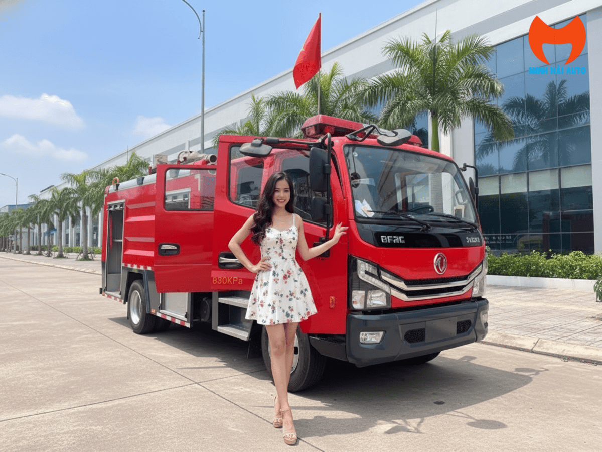 Xe cứu hỏa Dongfeng 2.3 khối màu đỏ với các khoang chứa thiết bị