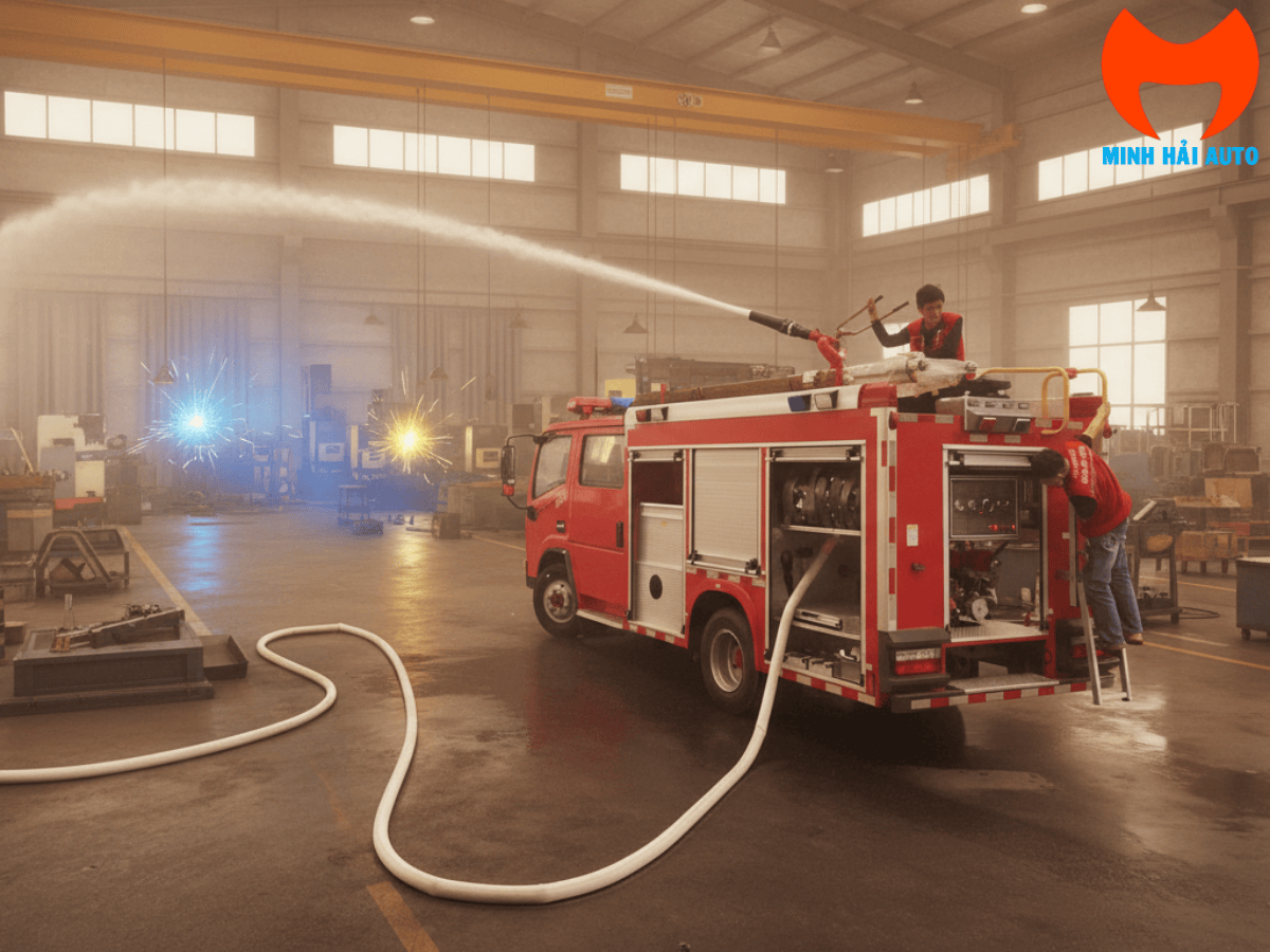 Xe cứu hỏa Dongfeng 6 khối màu đỏ đang làm nhiệm vụ chữa cháy chuyên dụng tại khu công nghiệp, sẵn sàng ứng phó mọi tình huống khẩn cấp.