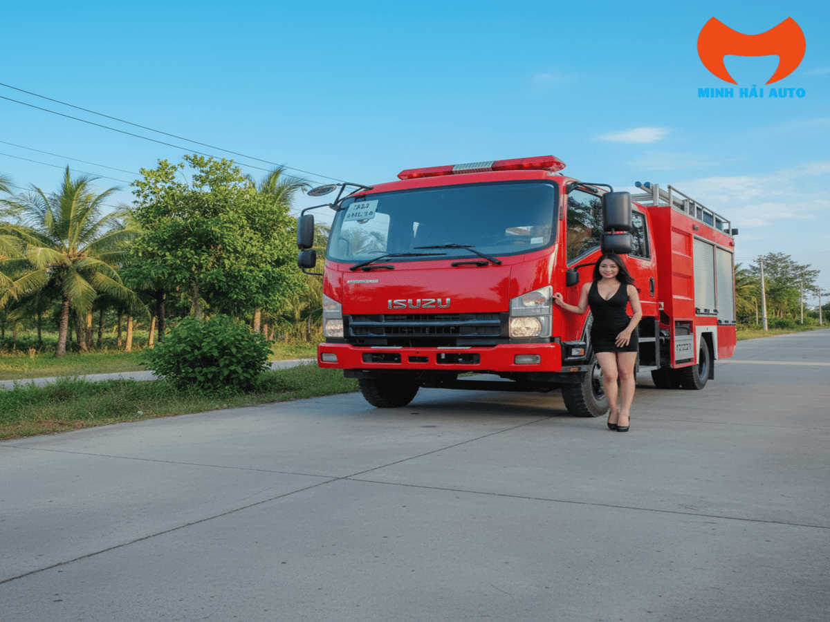 Xe cứu hỏa Isuzu 2.6 khối với logo Isuzu ở cabin và bồn chứa phía sau