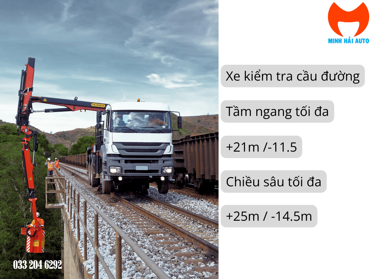 Xe kiểm tra cầu Palfinger PK 19001 vươn cần xuống dưới gầm cầu, hai kỹ sư đang thực hiện kiểm tra chi tiết.