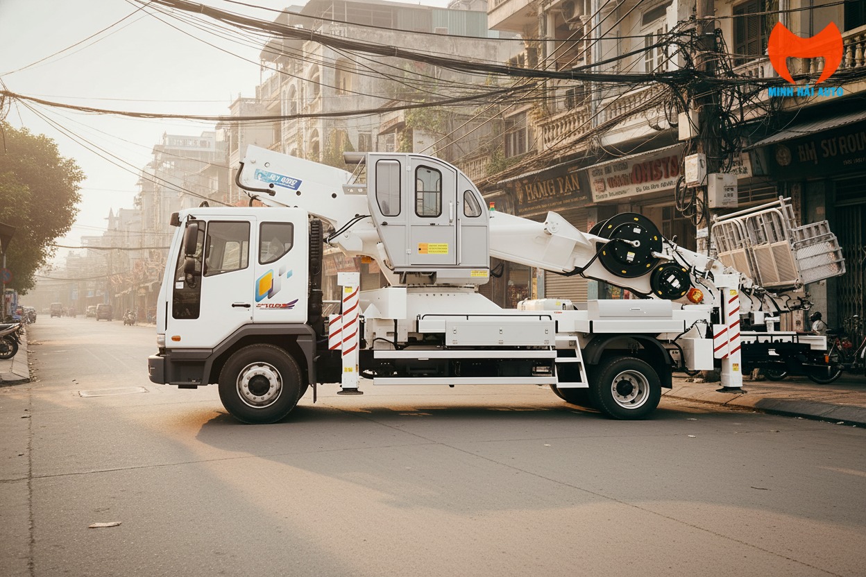 Xe nâng người 45m Horyong SKY450SF vươn cần tối đa tại công trường.